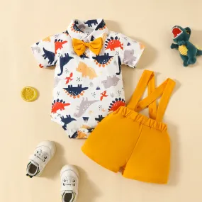 2 Pieces Set Baby Boys Dinosaur Car Cartoon Print Rompers And Solid Color Shorts Wholesale 20240415