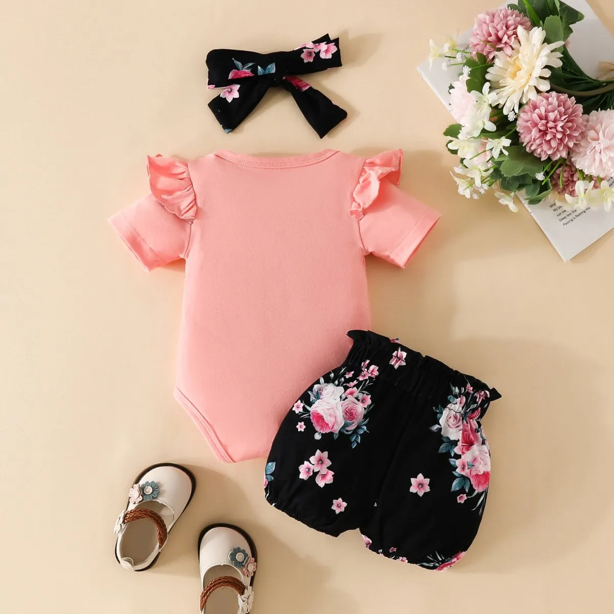 2 Pieces Set Baby Girls Letters Print Rompers And Flower Shorts Wholesale 20240407