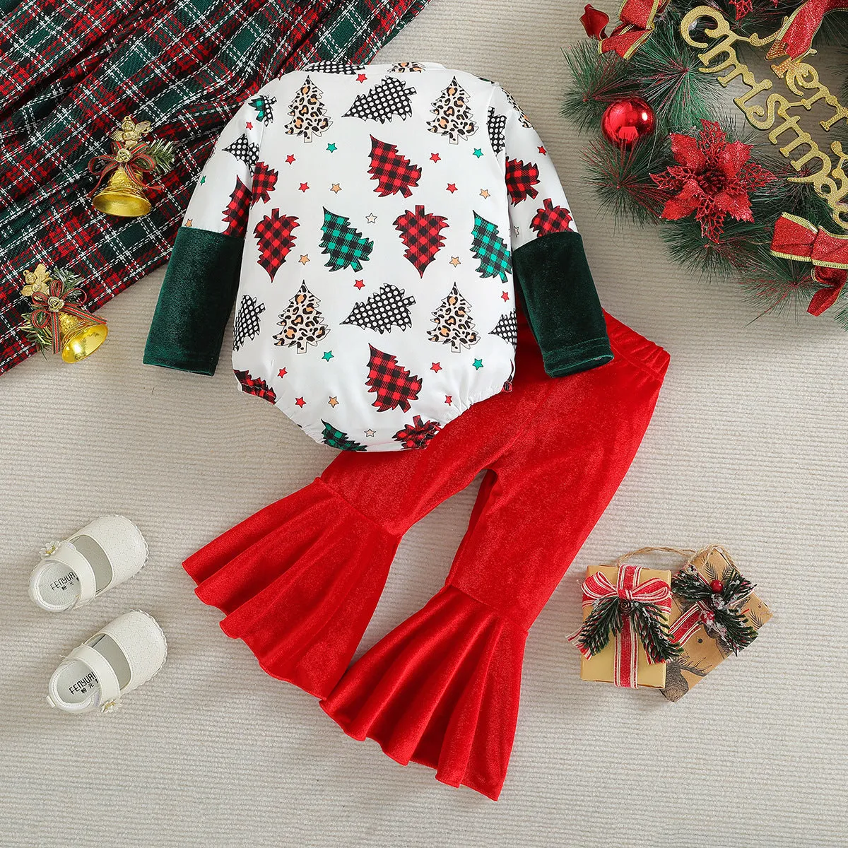 2 Pieces Set Baby Kid Girls Christmas Plant Print Rompers And Solid Color Pants Wholesale 23102001