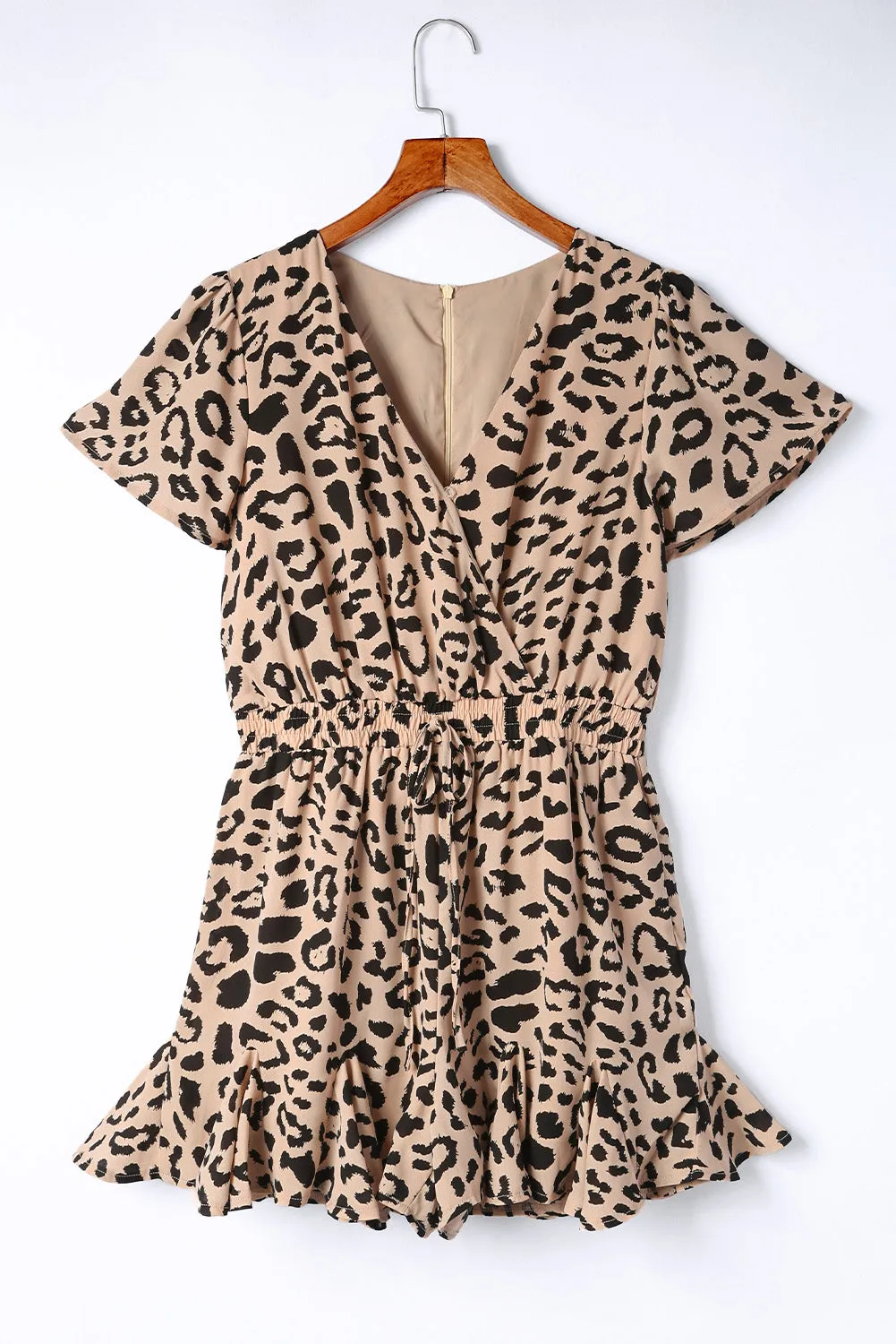 Leopard Flutter Sleeve Ruffle Hem Romper