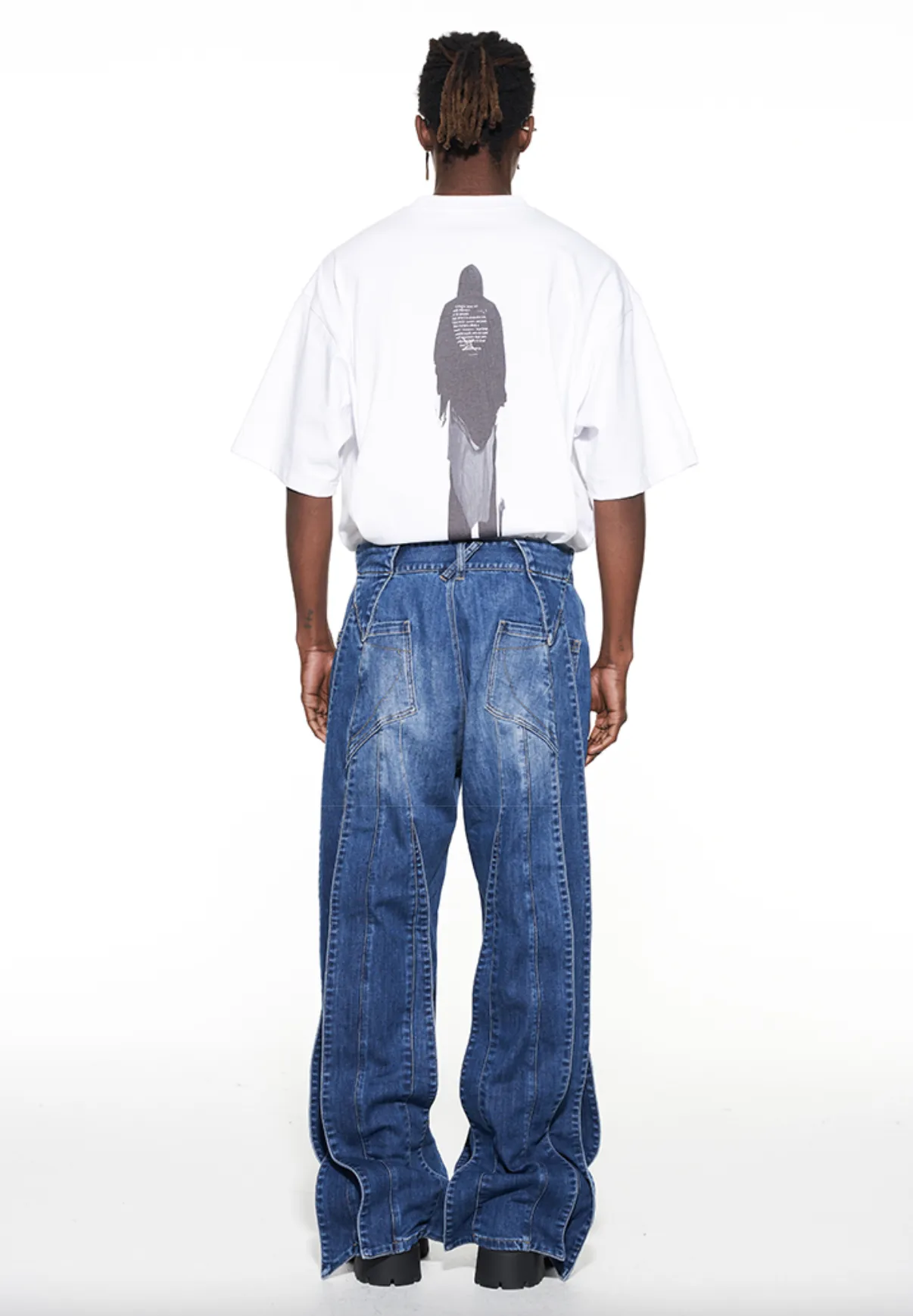 MULTI-LAYERED PANELS BAGGY DENIM JEANS - BLUE