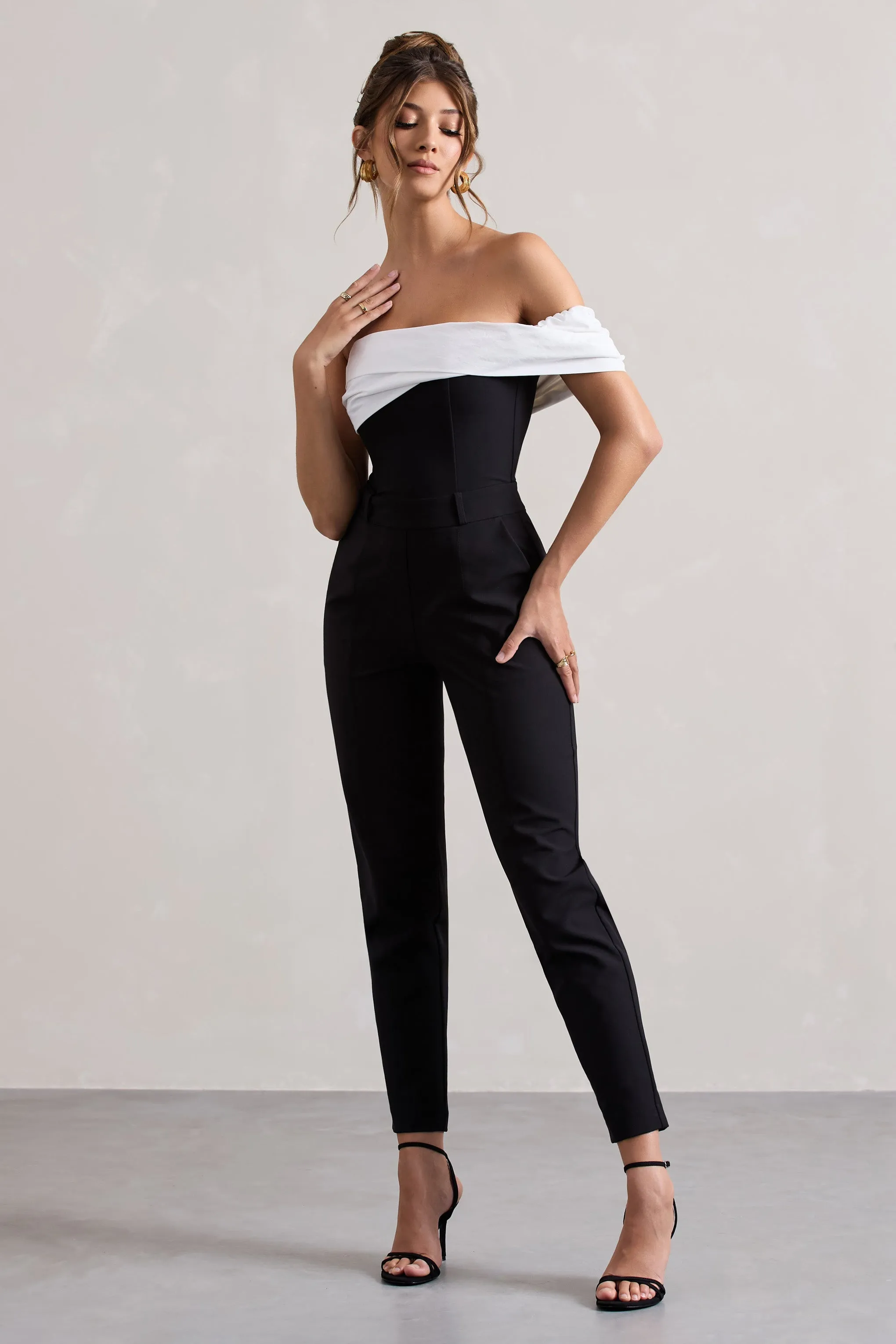 Paxton | Black Twisted Bardot Tailored Jumpsuit