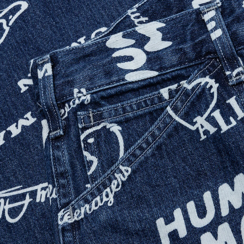 Printed Denim Baggy Jeans - Indigo