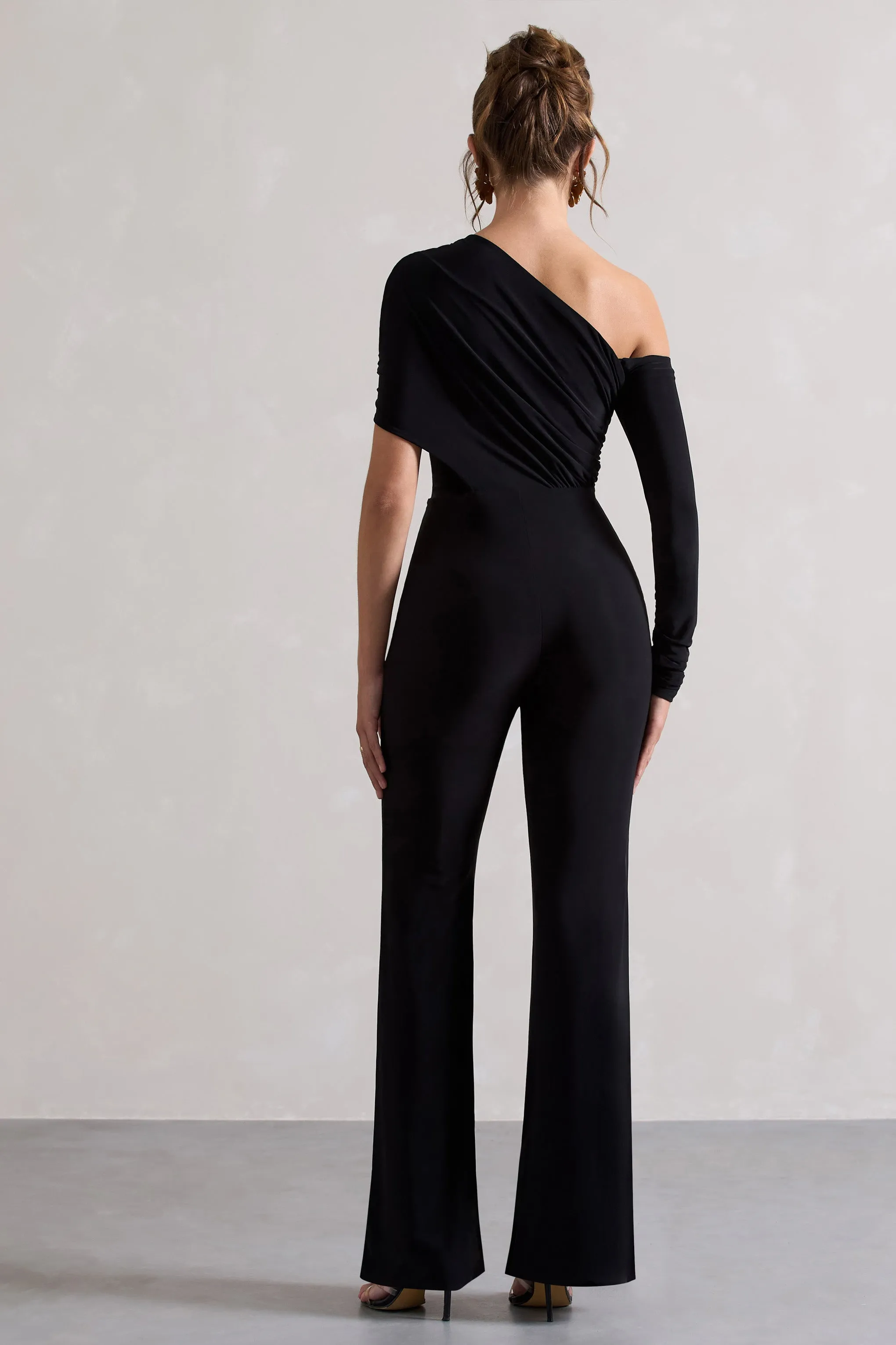 Rotate | Black Ruched Asymmetric Cut-Out Flared-Leg Jumpsuit