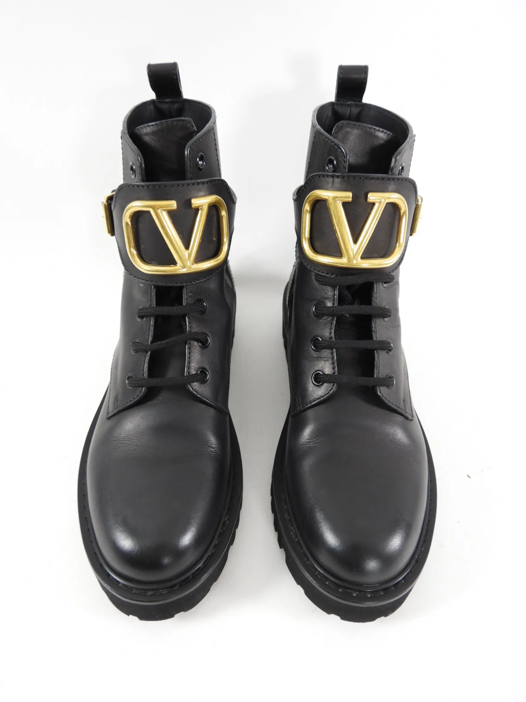 Valentino Black Leather V Logo Combat Ankle Boots - 39