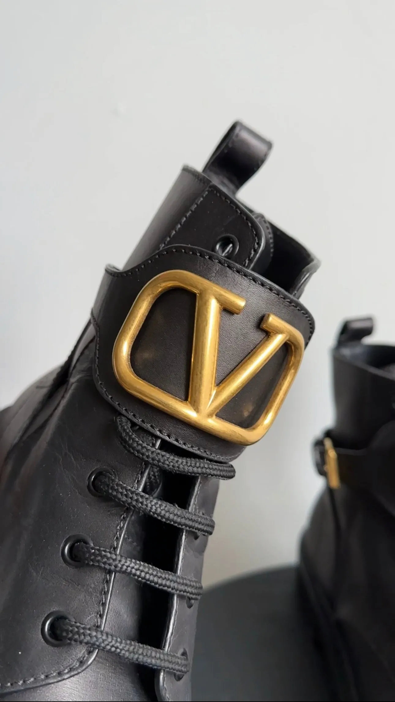 Valentino Black Leather V Logo Combat Ankle Boots - 39