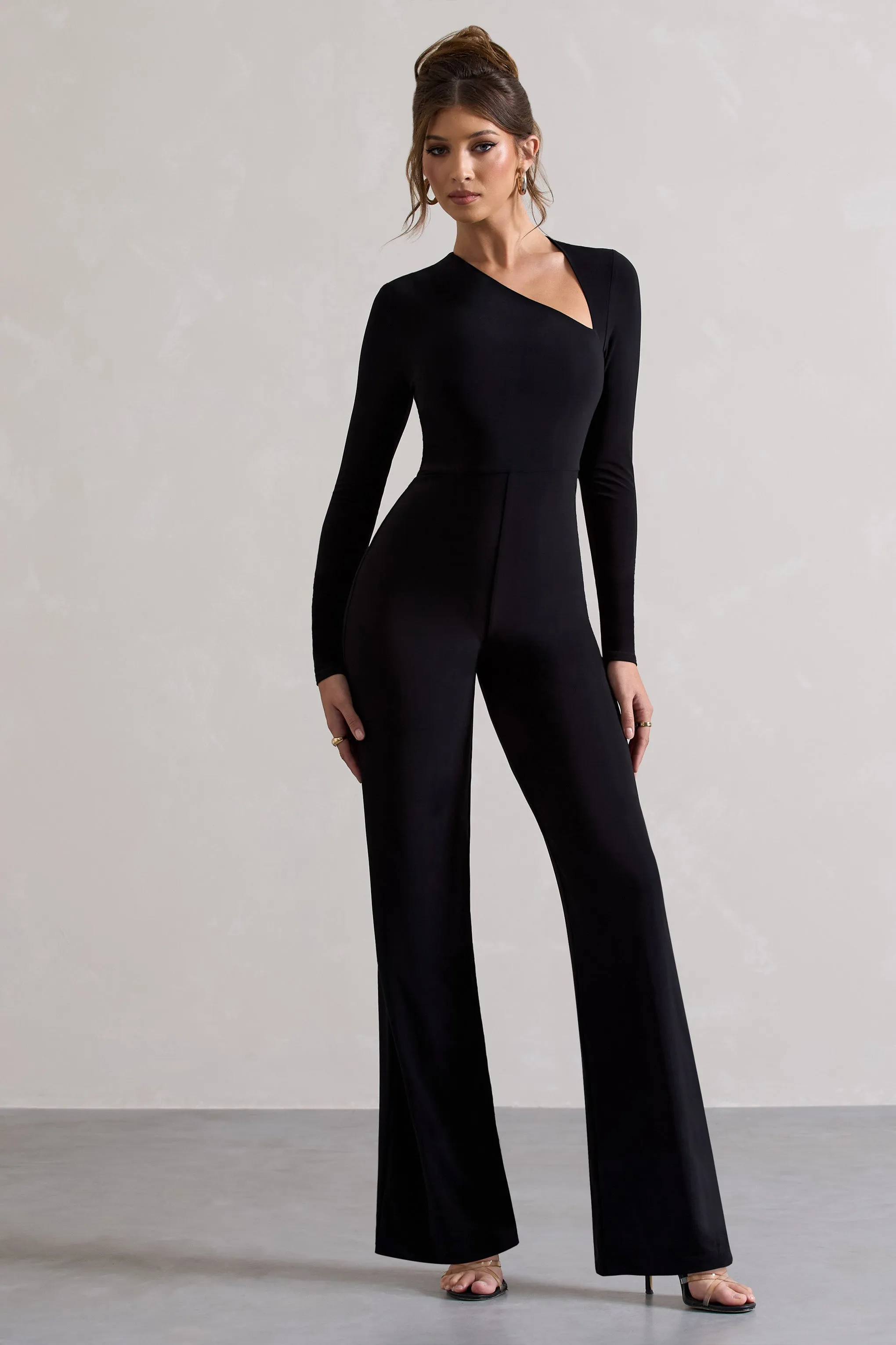 Yalina | Black Asymmetric Long Sleeve Wide-Leg Jumpsuit