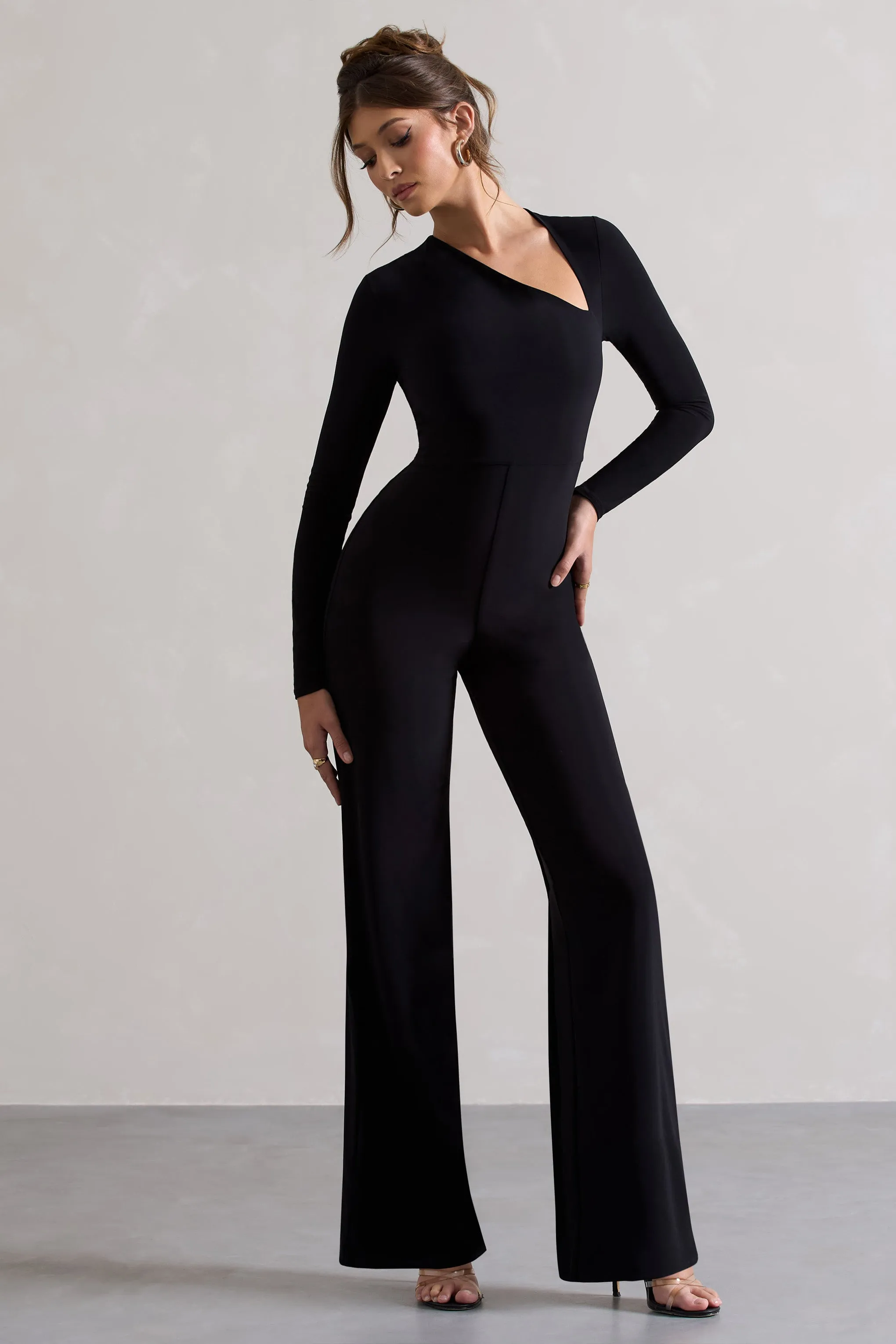 Yalina | Black Asymmetric Long Sleeve Wide-Leg Jumpsuit